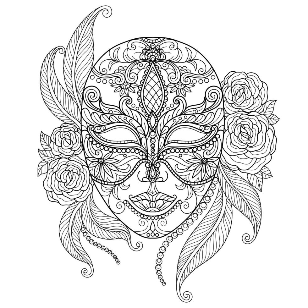 beau masque dessiné à la main pour un livre de coloriage pour adultes vecteur