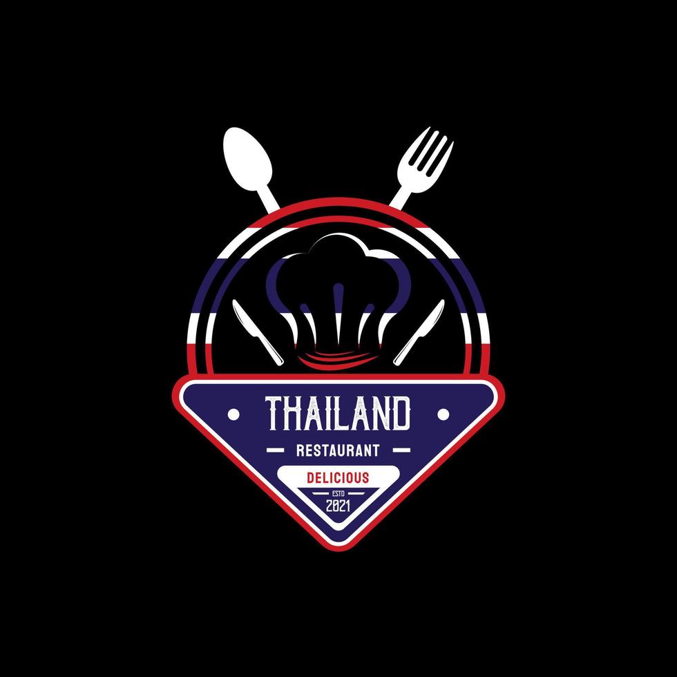 logo de restaurant de cuisine thaïlandaise. symbole du drapeau de la thaïlande avec des icônes de toque, de toque, de cuillère, de fourchette et de couteau. logo premium et luxe vecteur