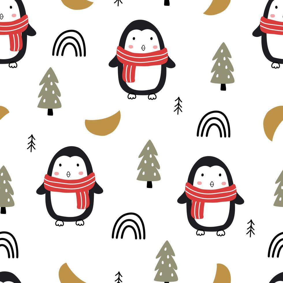 modèle sans couture de Noël avec des pingouins sur fond blanc. conception dessinée à la main en style cartoon. utiliser pour les impressions, les papiers peints de célébration, les tissus, les textiles, les illustrations vectorielles. vecteur