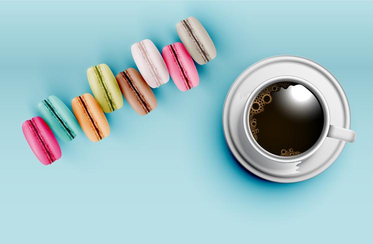 Hauts macarons colorés détaillés sur fond bleu avec une tasse de café, illustration vectorielle vecteur