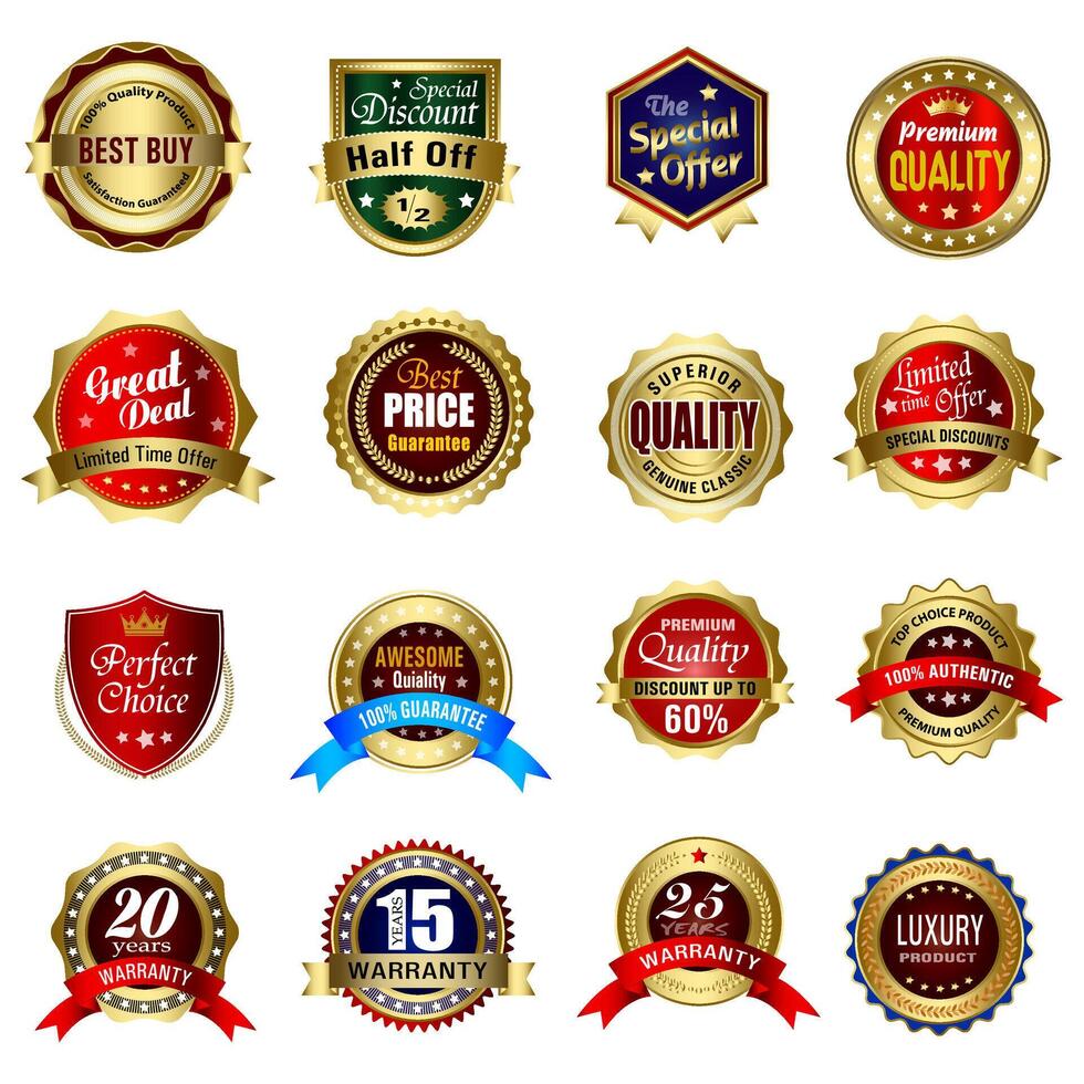 ensemble de qualité badges et Étiquettes conception éléments. d'or badge Étiquettes et laurier rétro ancien collection. emblème prime luxe logo dans rétro style modèle badges collection. vecteur