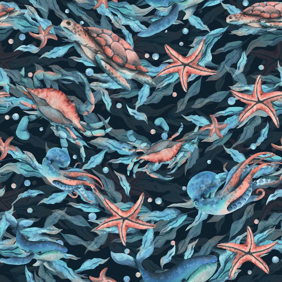 poulpes, tortues, baleines, méduse, algue dans le forme de une vague avec étoile de mer et l'eau bulles. aquarelle illustration main tiré dans turquoise et corail couleurs. sans couture modèle vecteur