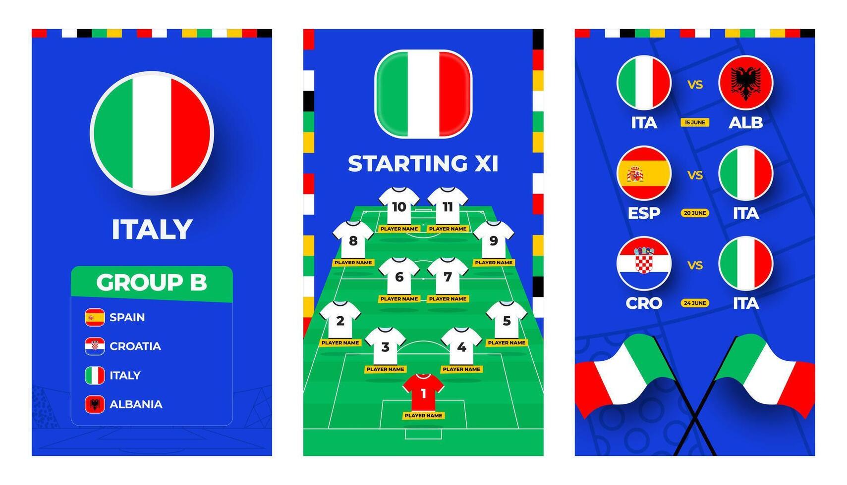 Italie équipe Football 2024 verticale bannière ensemble pour social médias. Football 2024 bannière ensemble avec groupe, épingle drapeau, rencontre programme et s'aligner sur football champ vecteur