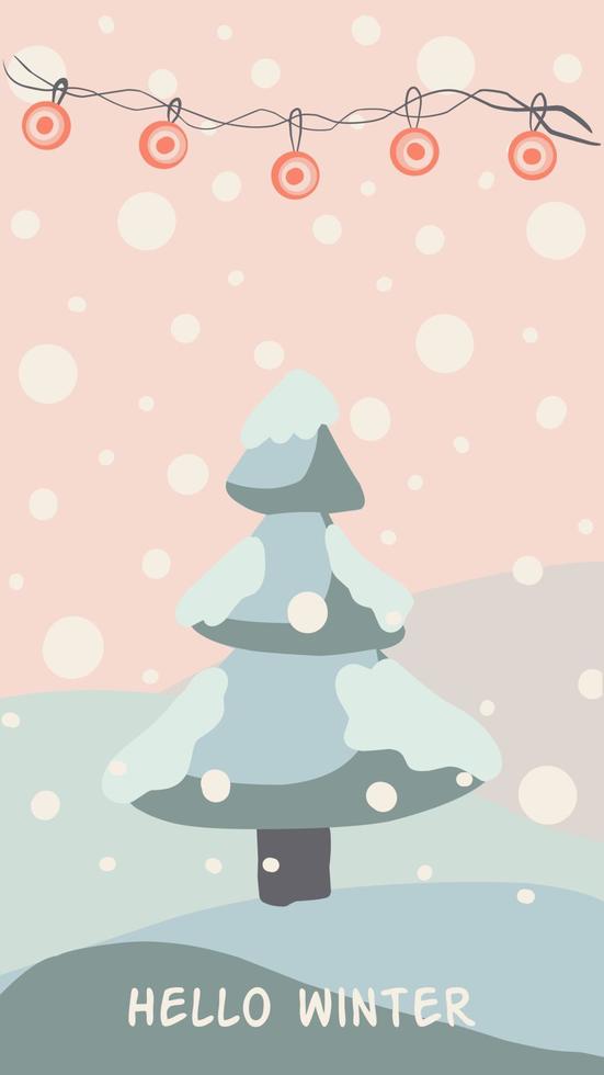 carte de voeux de noël style mignon dessiné à la main et couleurs pastel assorties à la mode. arbre de noël et bonhomme de neige avec boîte-cadeau sur congère avec guirlande et flocons de neige vecteur