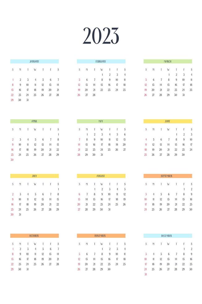 Modèle de calendrier 2023 dans un style classique strict avec des éléments multicolores. calendrier mensuel calendrier individuel minimalisme design sobre pour ordinateur portable professionnel. la semaine commence le dimanche vecteur