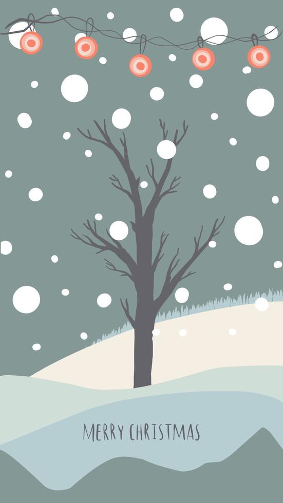 carte de voeux de noël style mignon dessiné à la main et couleurs pastel assorties à la mode. arbre de noël et bonhomme de neige avec boîte-cadeau sur congère avec guirlande et flocons de neige vecteur