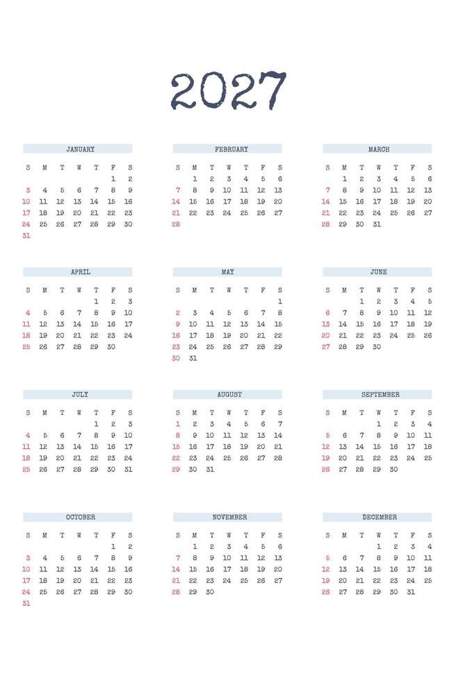 Modèle de calendrier 2027 dans un style strict classique avec une police écrite de type. calendrier mensuel calendrier individuel minimalisme design sobre pour ordinateur portable professionnel. la semaine commence le dimanche vecteur