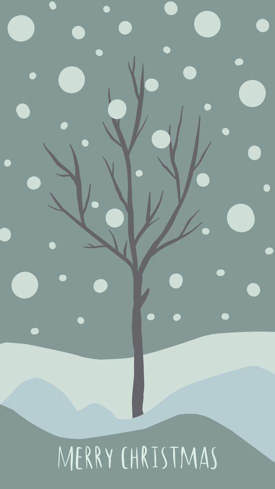 carte de voeux de noël style mignon dessiné à la main et couleurs pastel assorties à la mode. arbre de noël et bonhomme de neige avec boîte-cadeau sur congère avec guirlande et flocons de neige vecteur