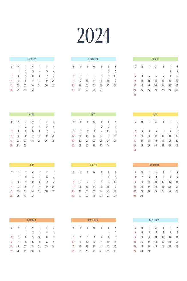 Modèle De Calendrier 2024 Dans Un Style Strict Classique Avec Des éléments  Multicolores Calendrier Mensuel Calendrier Individuel Minimalisme  Conception Restreinte Pour Ordinateur Portable D'affaires La Semaine  Commence Le Dimanche