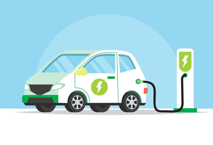 Voiture électrique chargeant sa batterie, illustration de concept pour l&#39;environnement vert, l&#39;écologie, la durabilité, l&#39;air pur, l&#39;avenir. Illustration vectorielle dans un style plat vecteur