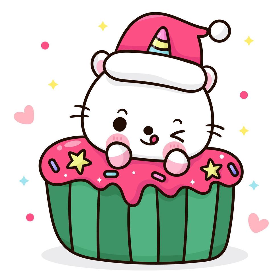 Chat licorne santa et gâteau de noël dessin animé kawaii vecteur