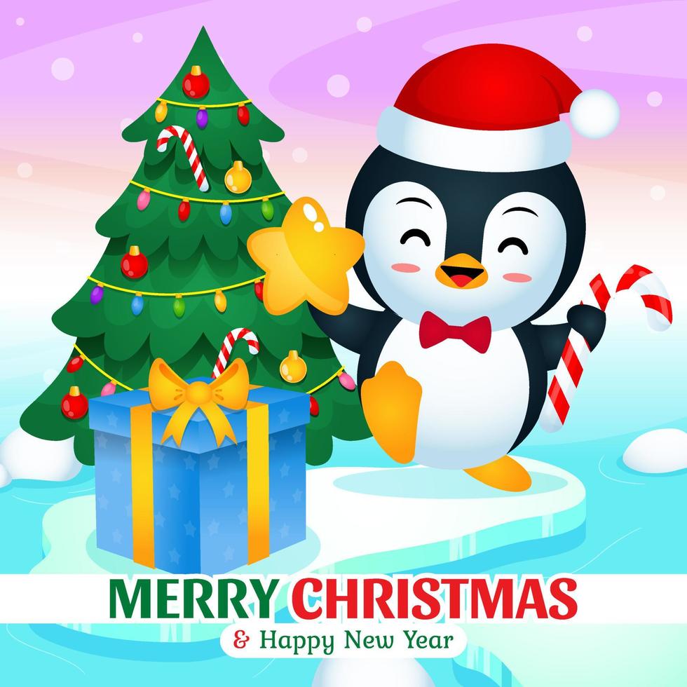 joyeux pingouin mignon célébrant noël et nouvel an sur l'iceberg vecteur