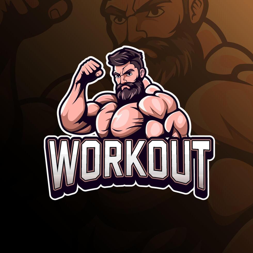 faire des exercices avec musclé homme mascotte logo conception pour badge, emblème, esport et T-shirt impression vecteur