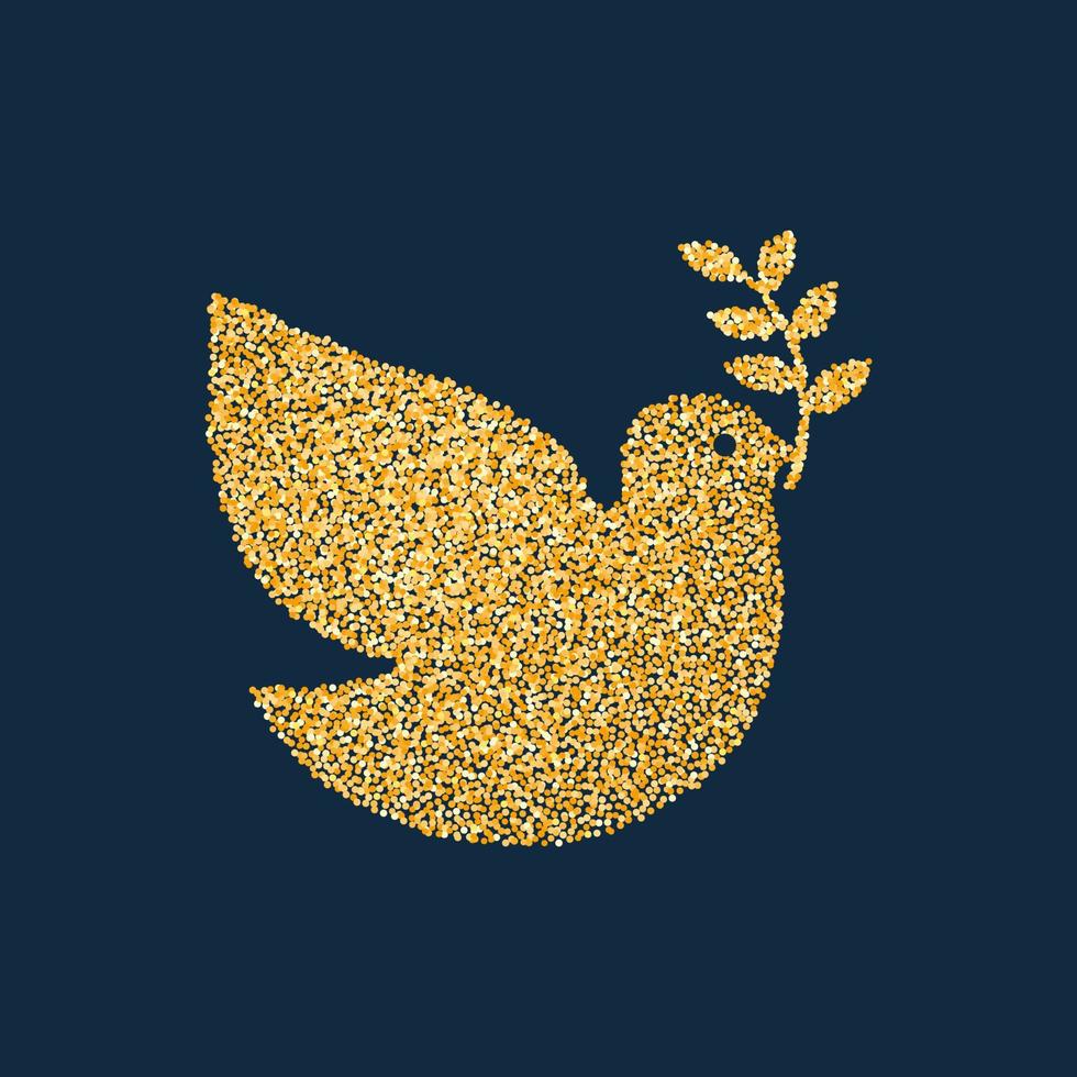 colombe de paillettes d'or volant de noël, symbole de paix. oiseau jaune sur fond bleu foncé. technique de dessin au point. branche en bec. illustration vectorielle vecteur
