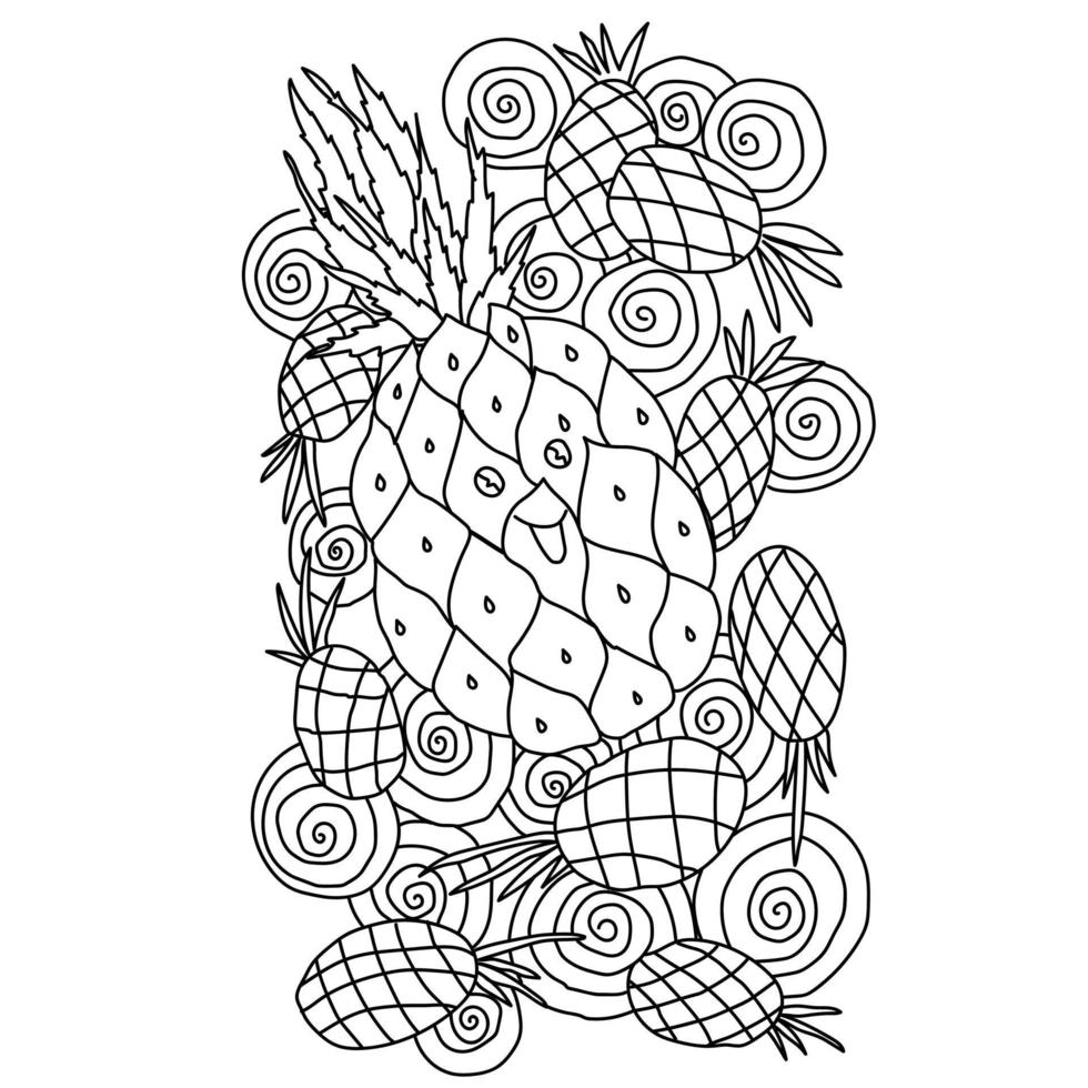 joli ananas souriant entre des motifs en spirale et des silhouettes d'ananas, coloriage de fruits tropicaux vecteur