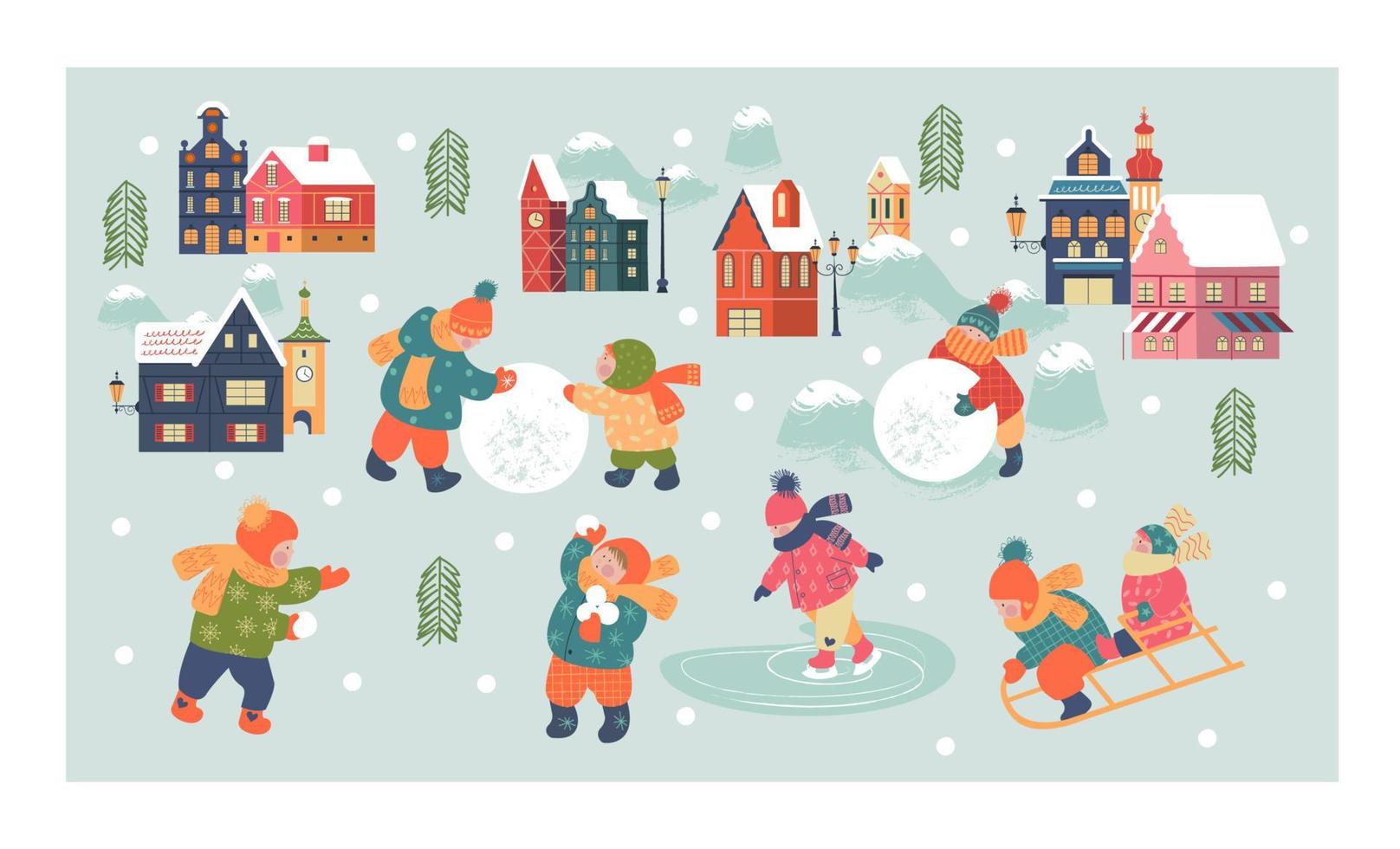 jour de neige dans la ville de noël confortable. paysage de jour de village de noël d'hiver. les enfants jouent dehors en hiver. illustration vectorielle, carte de voeux. vecteur