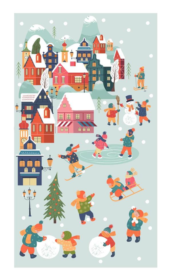 jour de neige dans la ville de noël confortable. paysage de jour de village de noël d'hiver. les enfants jouent dehors en hiver. illustration vectorielle, carte de voeux. vecteur