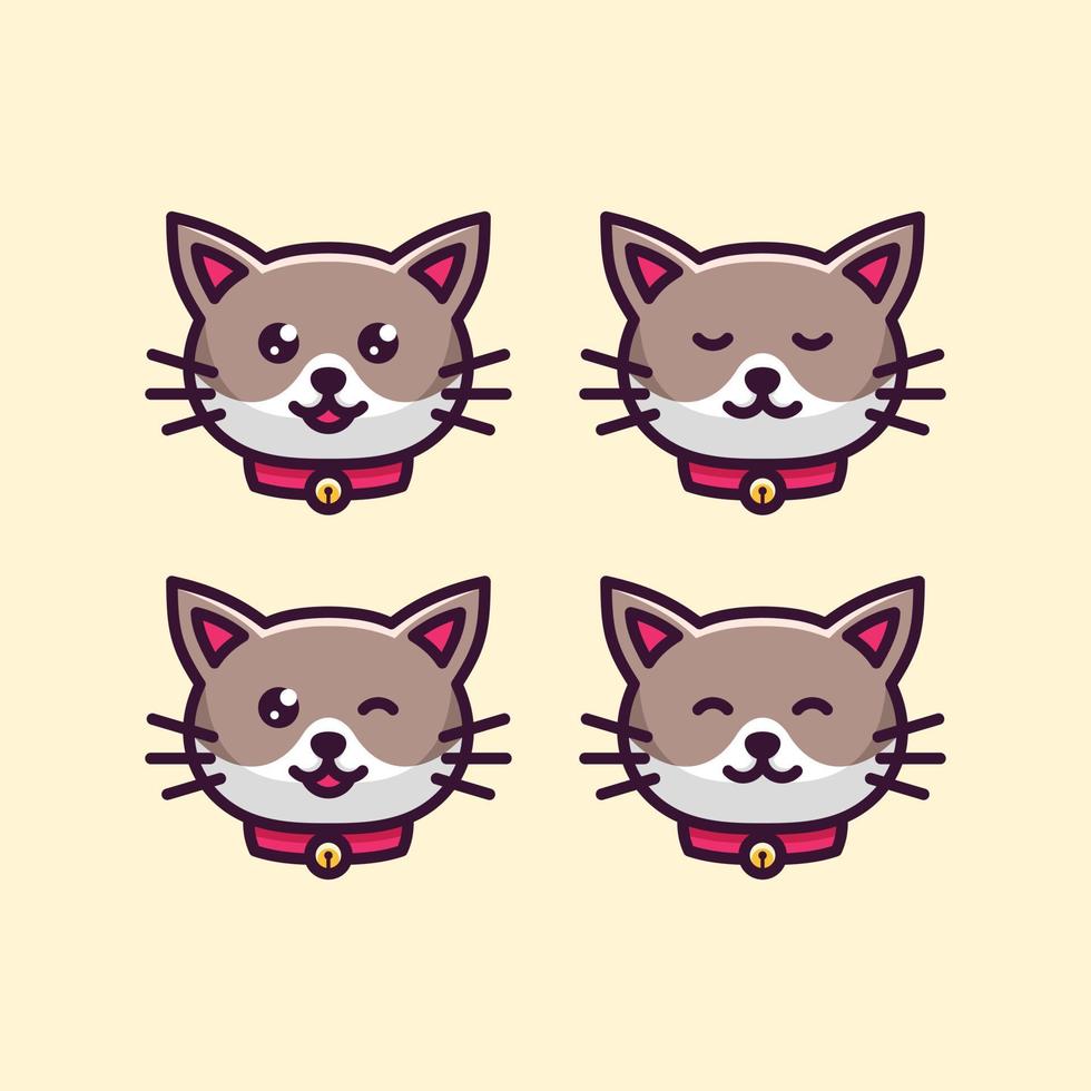 définir une illustration de dessin animé d'icône de tête de chat mignon avec diverses expressions de visage et portant un collier vecteur