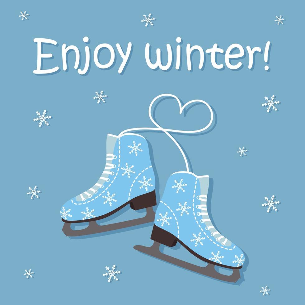 profitez du texte d'hiver avec des patins artistiques et des flocons de neige. vecteur