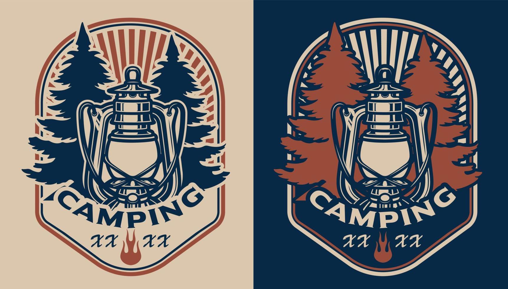 emblème de camping vintage avec lampe de randonnée. vecteur