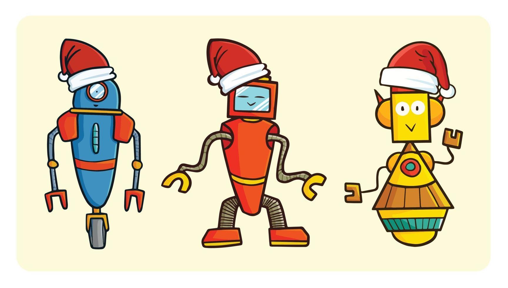 Trois robots mignons et drôles portant un chapeau de père Noël pour Noël vecteur