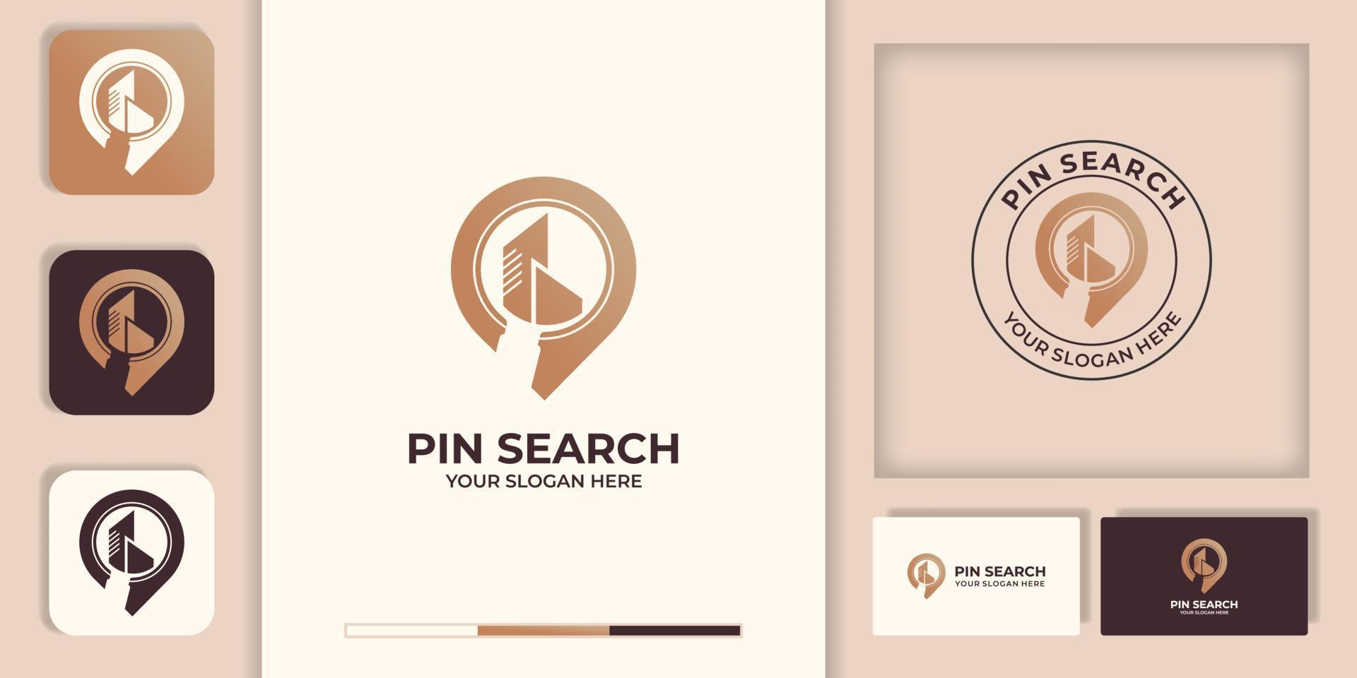 concept de logo de recherche de broches et carte de visite vecteur