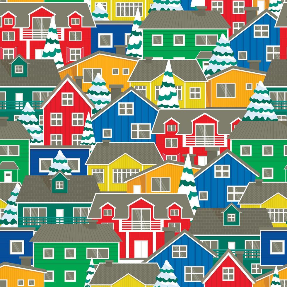 Les maisons colorées norvégiennes définissent un modèle vectoriel continu dessiné à la main. enveloppe de maisons de campagne, design de style rustique. fond de la ville du nord avec des arbres de Noël enneigés.