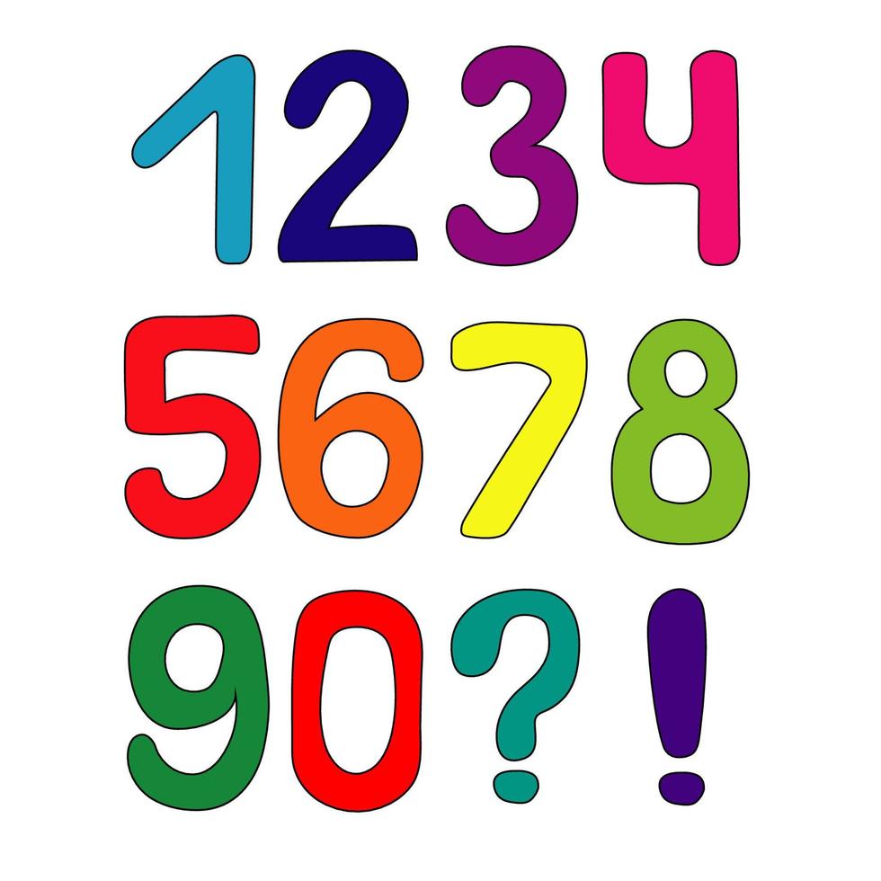 illustration vectorielle. ensemble de nombres colorés dessinés à la main de zéro à neuf. vecteur