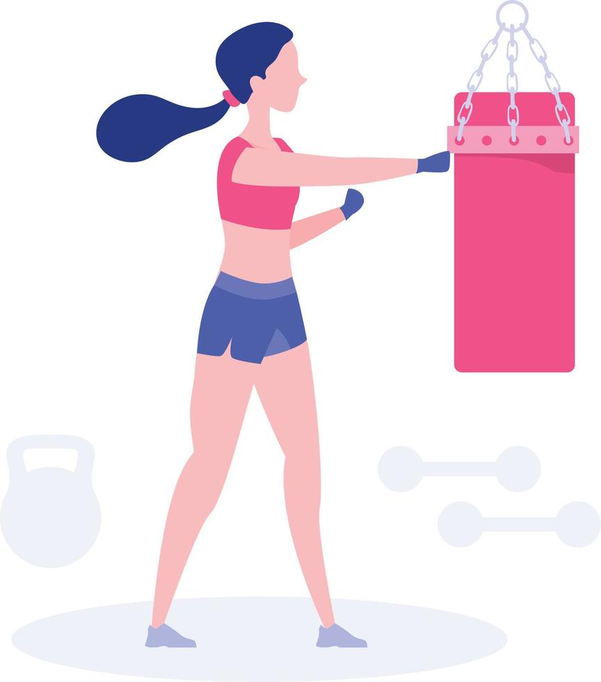 une fille s'entraîne avec un sac de boxe pour le fitness. vecteur
