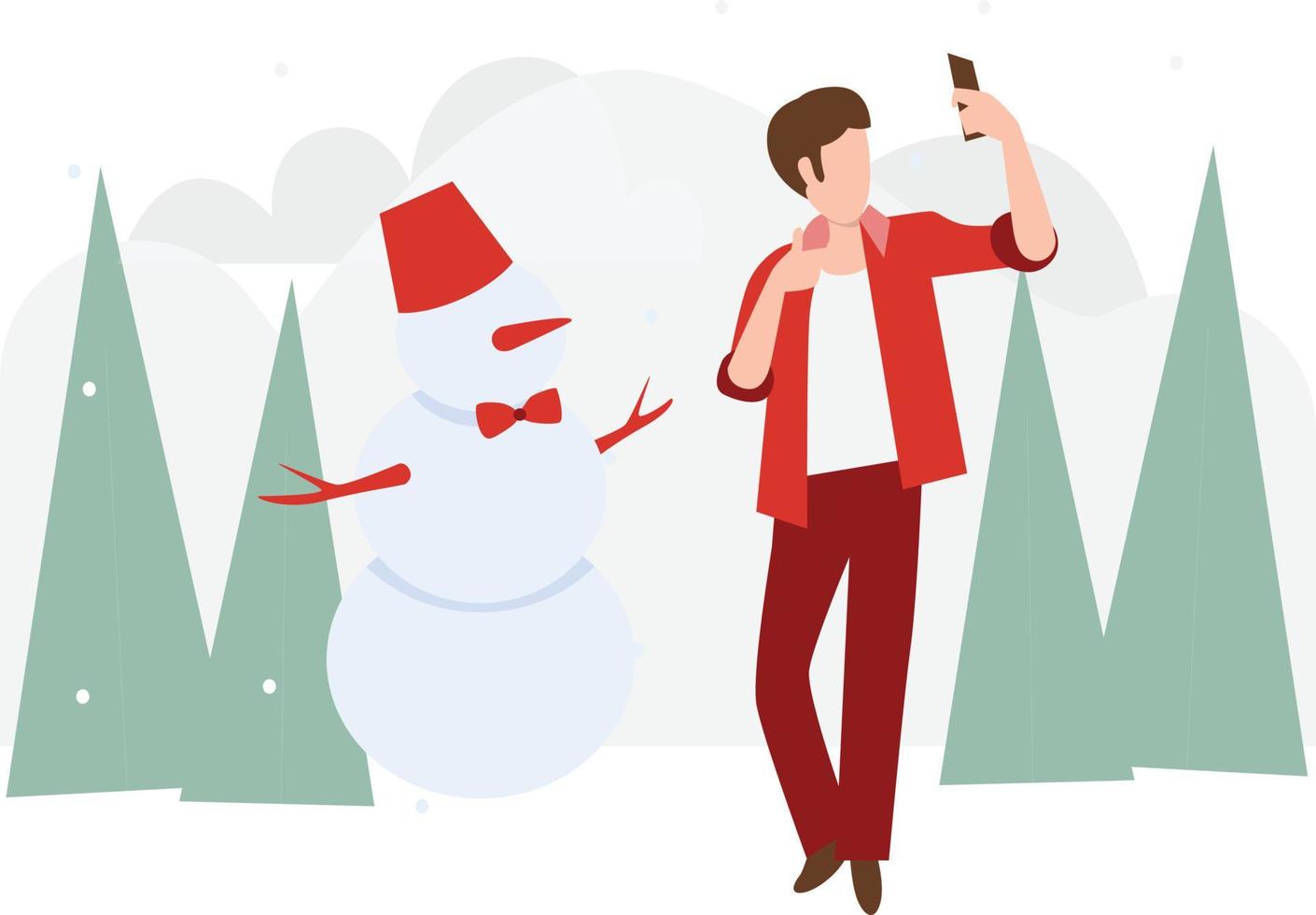 un garçon prenant une photo avec un bonhomme de neige à noël. vecteur