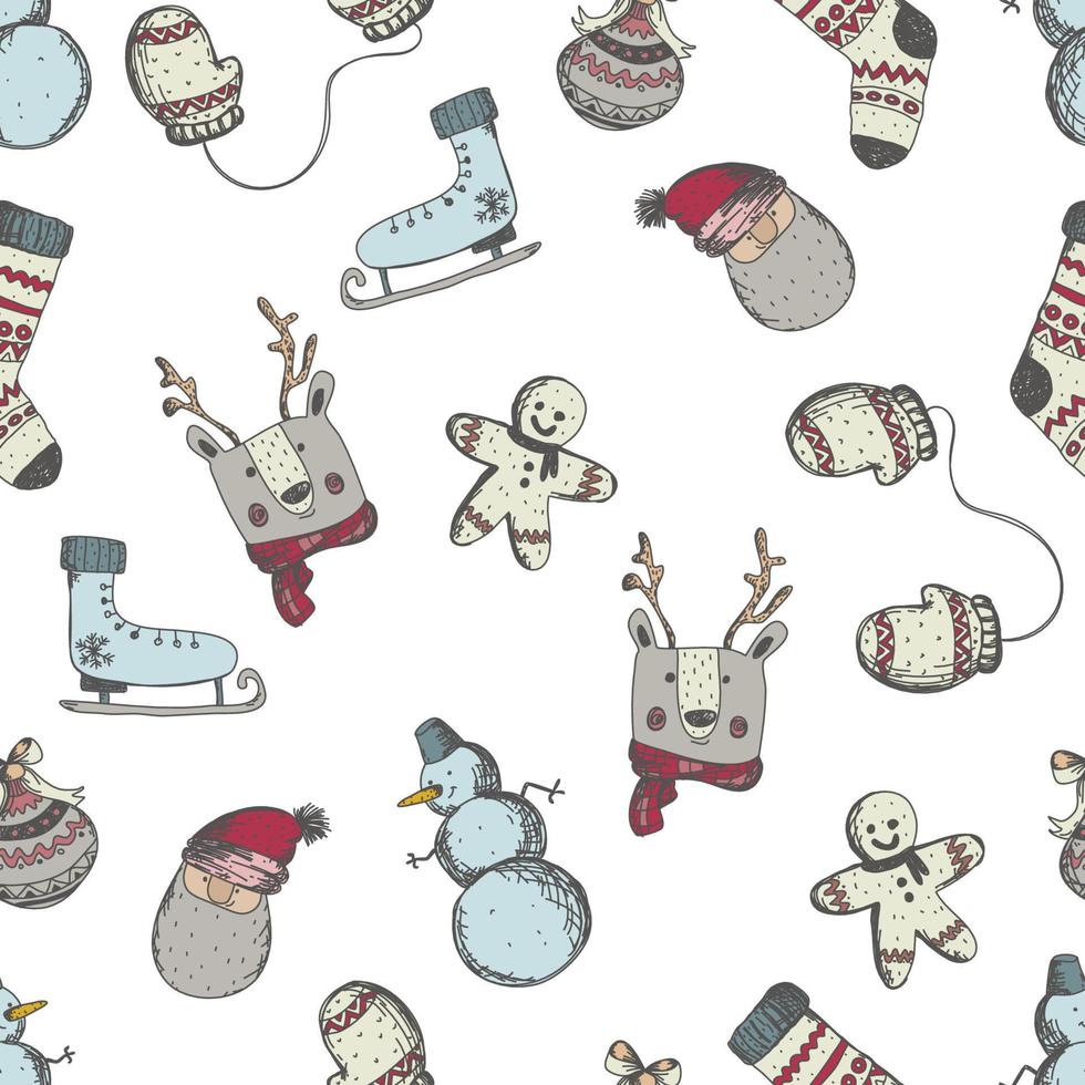 1 nouvel an sans couture dessiné à la main avec des éléments de noël vecteur