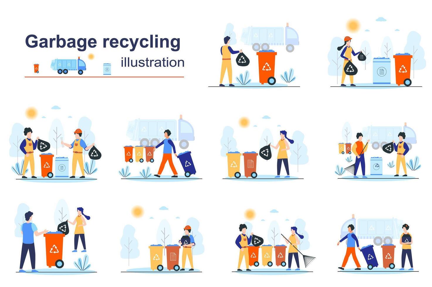 des ordures recyclage concept scènes seo avec minuscule gens dans plat conception. Hommes et femmes collecte et séparé ordures dans bacs, déchets gestion. illustration visuel histoires collection pour la toile vecteur