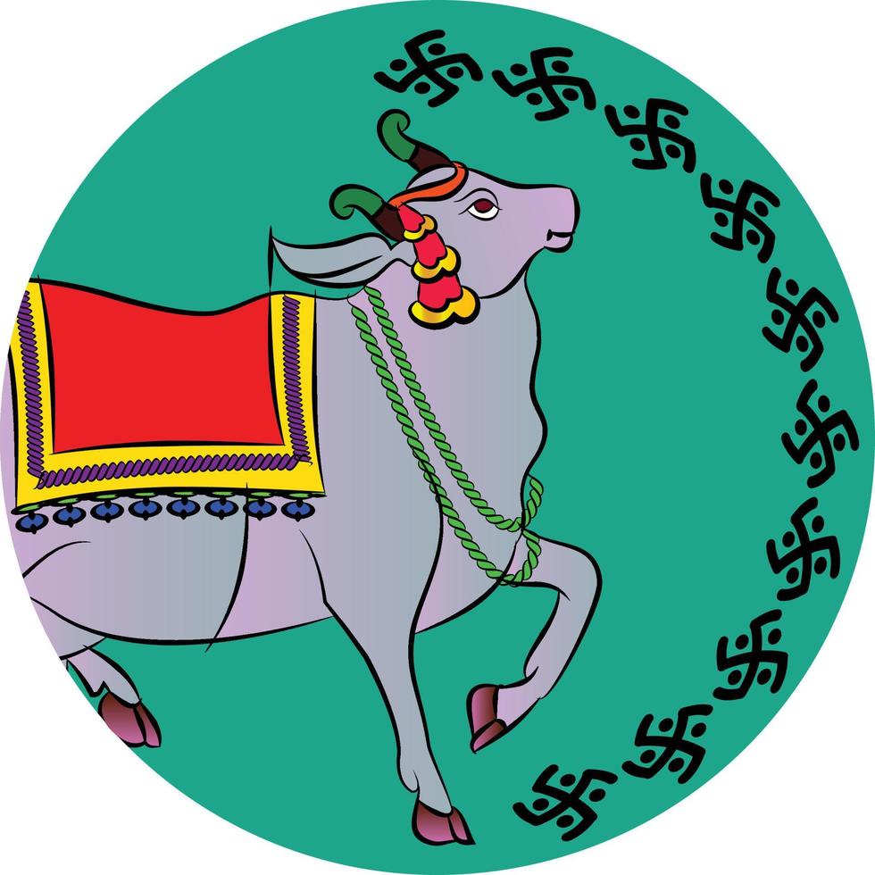 vache sacrée dans l'art populaire traditionnel indien kalamkari sur des tissus de lin. il peut être utilisé pour un livre de coloriage, des impressions sur tissu textile, un étui pour téléphone, une carte de voeux. logo, calendrier vecteur