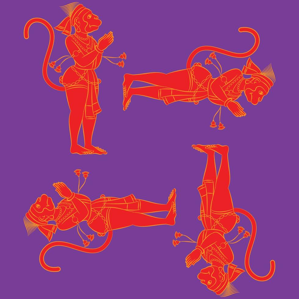 dieu du pouvoir au visage de singe, seigneur hanuman et ses serviteurs ou sevak comme on les appelle. dans le style pinguli de l'art populaire indien. pour impression textile, logo, papier peint vecteur