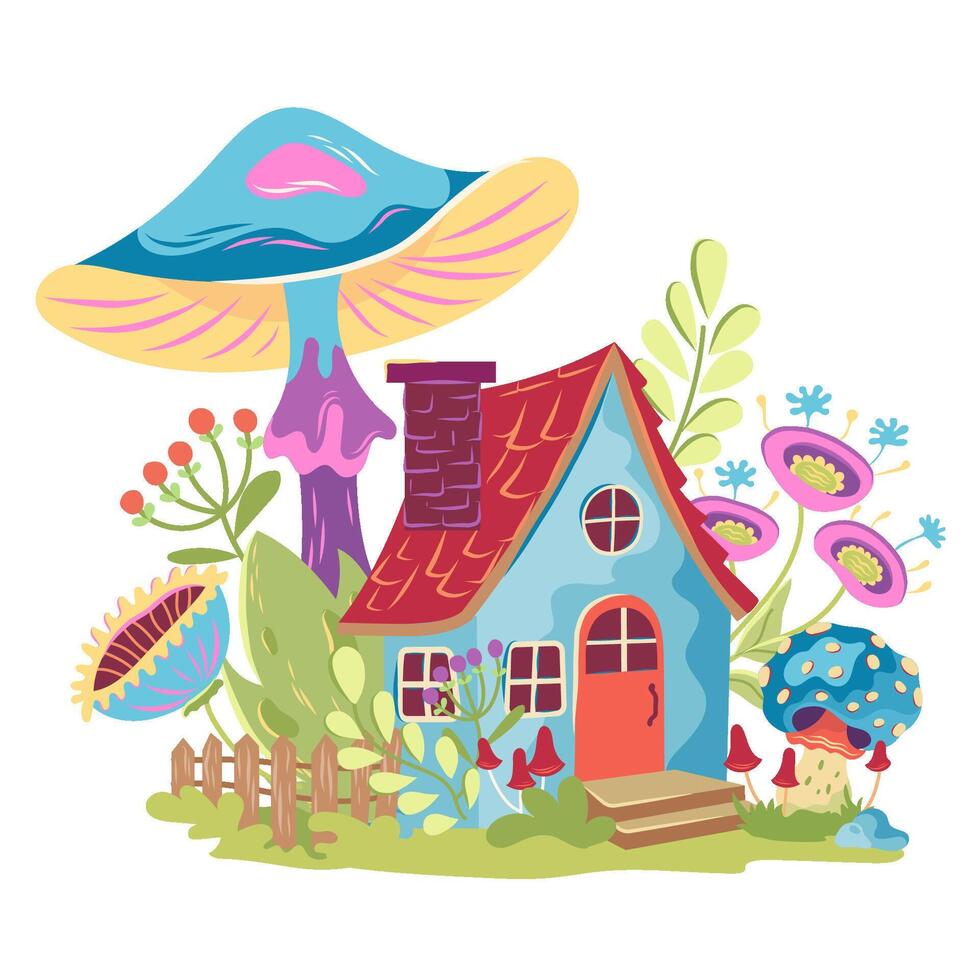 cottagecore composition avec loger, champignons, fleurs. Fée conte bleu maison avec mouche agaric dans dessin animé style. forêt la magie illustration surréaliste conception avec amusement chalet, champignons et crapauds vecteur