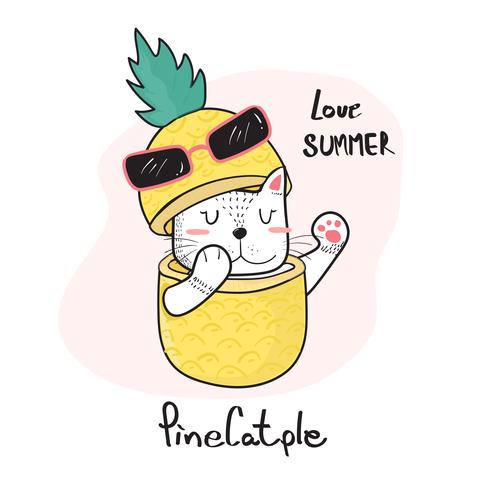 Doodle main dessin chat mignon furtivement à travers un ananas, pinecatple vecteur