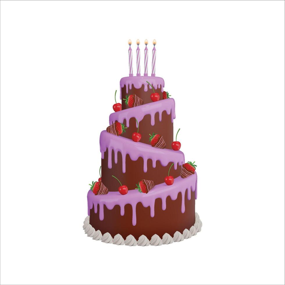 anniversaire gâteau 3d réaliste illustration. anniversaire gâteau avec cerises et des fraises vecteur