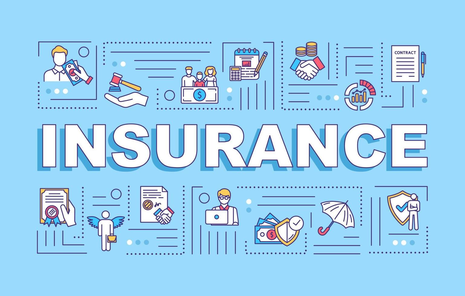 bannière de concepts de mot d'assurance. assurance générale. gestion des risques. forfait premium. infographie avec des icônes linéaires sur fond bleu. typographie isolée. illustration de couleur rvb contour vectoriel