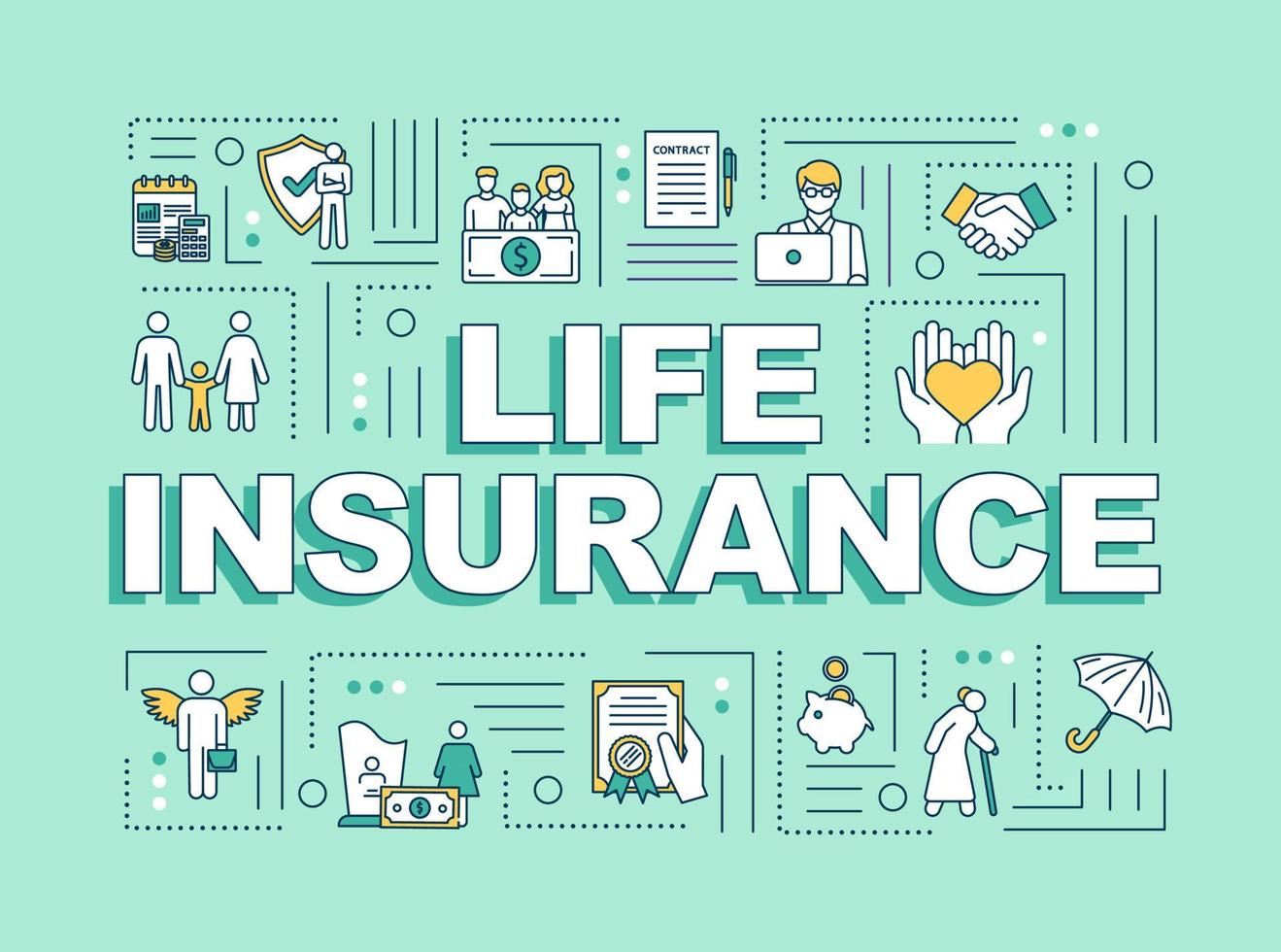 bannière de concepts de mot d'assurance-vie. couverture sociale. plan de santé familial. infographie avec des icônes linéaires sur fond de menthe. typographie isolée. illustration de couleur rvb contour vectoriel