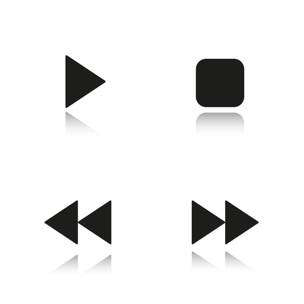 Jeu d'icônes noires de navigation de lecteur de musique d'ombre portée. boutons lecture, arrêt, avant et arrière. Menu du lecteur mp3 illustrations vectorielles isolées vecteur