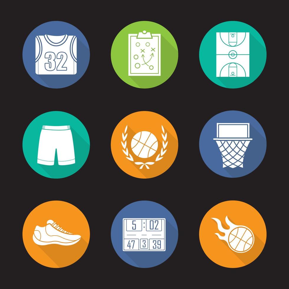 jeu d'icônes de basket-ball design plat grandissime. chemise, short et chaussure, plan de match, terrain, cerceau, ballon brûlant, tableau de bord. symbole du championnat de basket-ball et kit du joueur. symboles de silhouette de vecteur