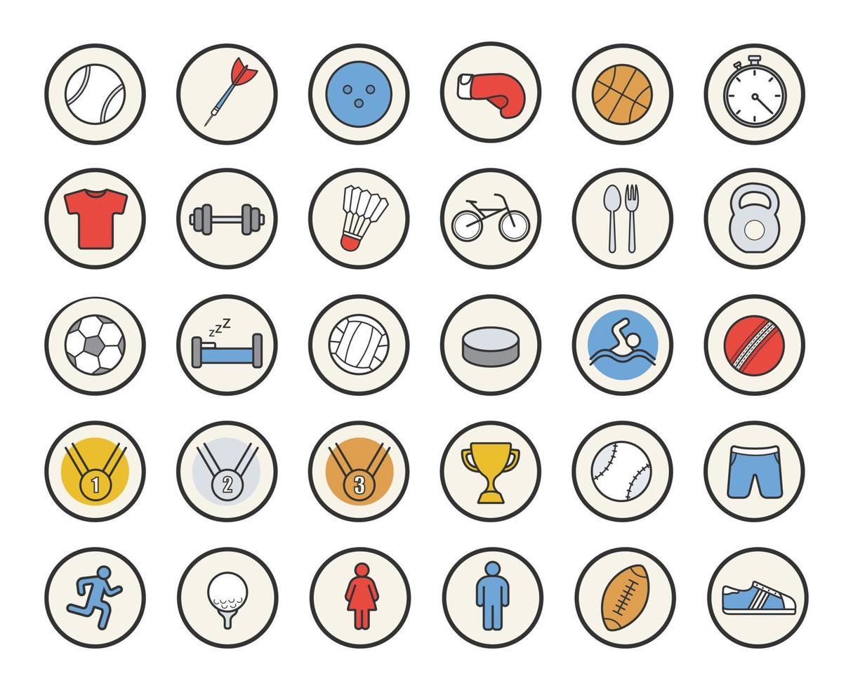 Ensemble d'icônes de couleur de mode de vie sain. équipement de jeux de sport, sommeil, sexe, régime alimentaire, symboles de remise en forme. illustrations vectorielles isolées vecteur