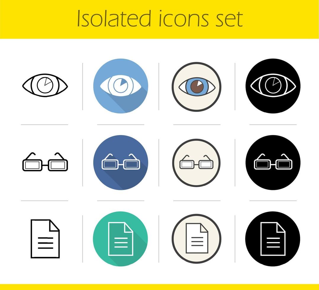 ensemble d'icônes d'ophtalmologie. design plat, styles linéaires, noirs et couleurs. œil humain, lentille de contact, prescription de lunettes. illustrations vectorielles isolées en optométrie vecteur