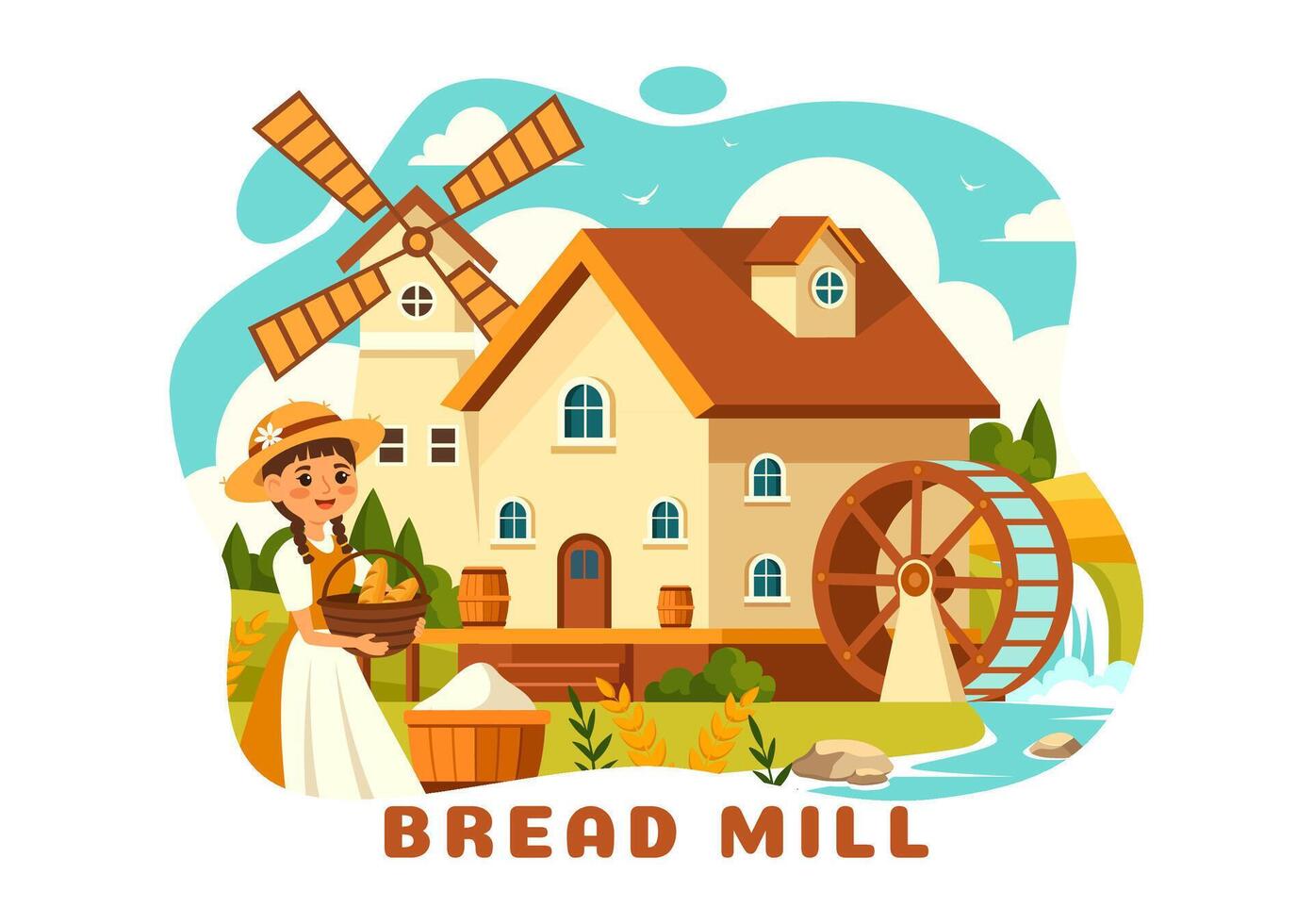 pain moulin illustration avec blé sacs, divers pains et Moulin à vent pour produit boulangerie dans plat dessin animé Contexte conception vecteur