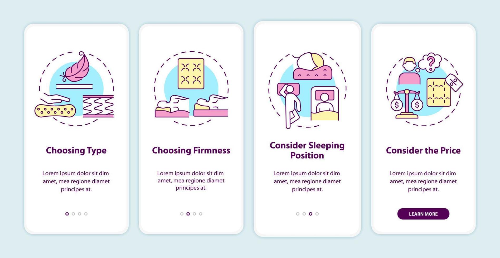 choisir l'écran de la page de l'application mobile d'intégration du matelas. Procédure pas à pas pour une literie confortable Instructions graphiques en 4 étapes avec des concepts. modèle vectoriel ui, ux, gui avec des illustrations en couleurs linéaires