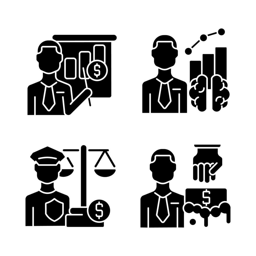 finance l'alphabétisation et le droit des icônes de glyphe noir sur un espace blanc. professeur de commerce. responsable du renseignement. gardiens financiers. auditeur indépendant. symboles de silhouette. illustration vectorielle isolée vecteur