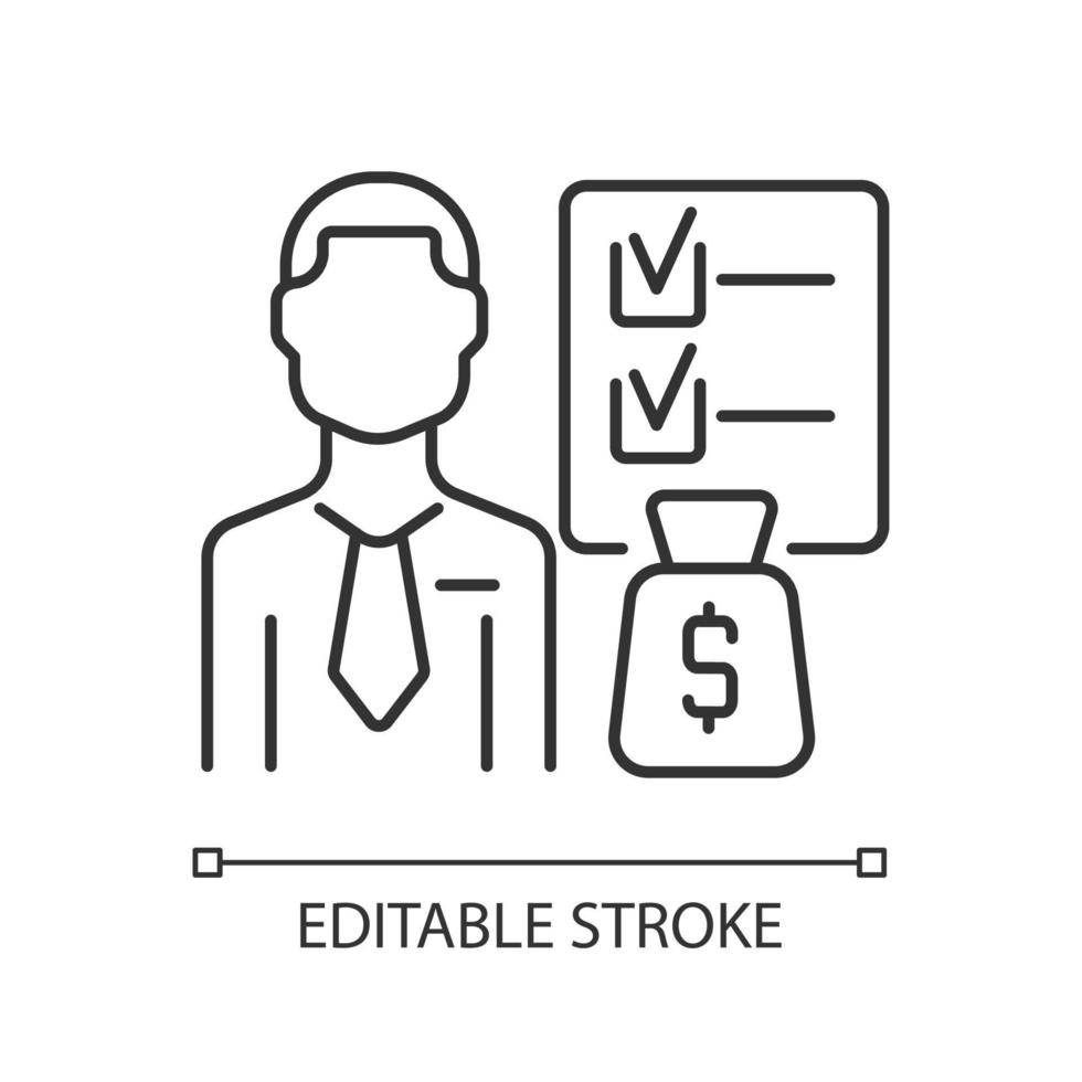 icône linéaire de planificateur financier. professionnel de l'investissement qualifié. expert en création de patrimoine. illustration personnalisable de fine ligne. symbole de contour. dessin de contour isolé de vecteur. trait modifiable vecteur