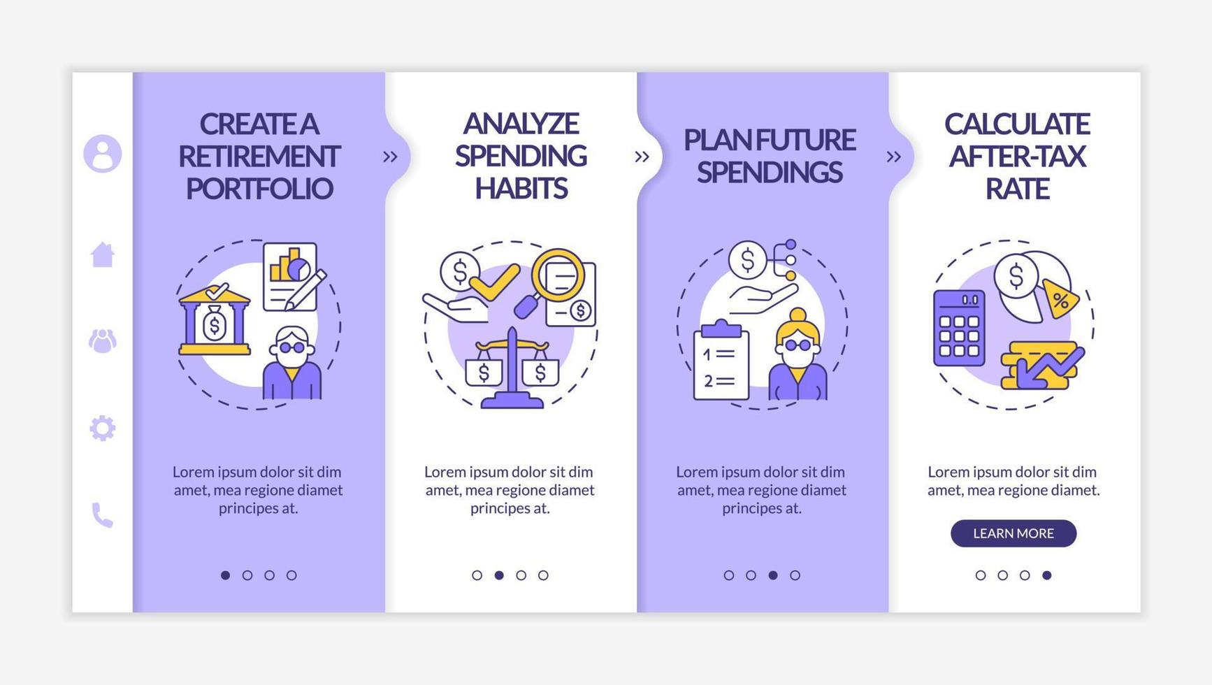 modèle vectoriel d'intégration des économies financières. site Web mobile réactif avec des icônes. page Web pas à pas, écrans en 4 étapes. concept de couleur d'analyse des revenus et dépenses avec illustrations linéaires