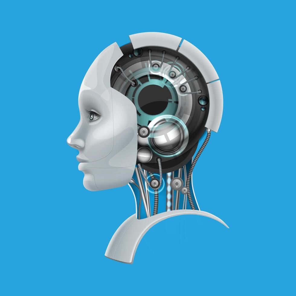 fictif femelle cyborg tête avec une mécanisme à l'intérieur dans profil isolé sur bleu Contexte vecteur