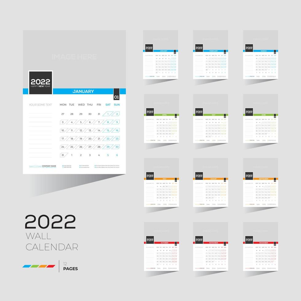 Calendrier mural 4 couleurs 12 mois 12 pages 2022 vecteur